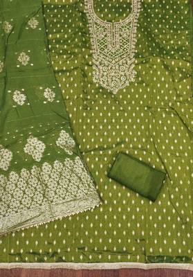 Green silk embroidered unstitched dressmaterials 3 pair top bottom dupptaa 3