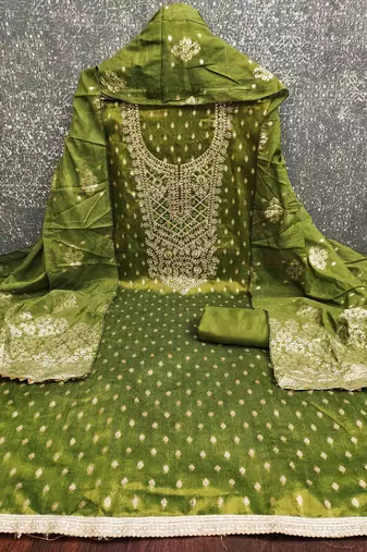 Green silk embroidered unstitched dressmaterials 3 pair top bottom dupptaa
