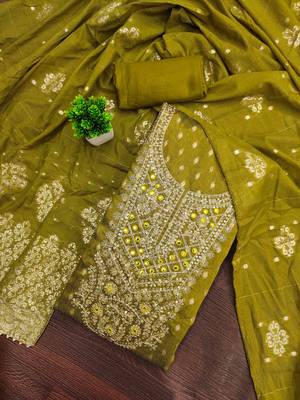 Sea green silk embroidered unstitched dressmaterials 3 pair top bottom dupptaa 1