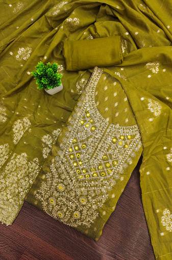 sea green silk blend embroidered unstitched dressmaterials 3 pair top bottom dupptaa