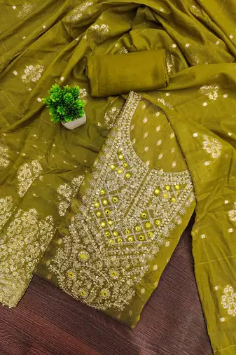 Sea green silk embroidered unstitched dressmaterials 3 pair top bottom dupptaa