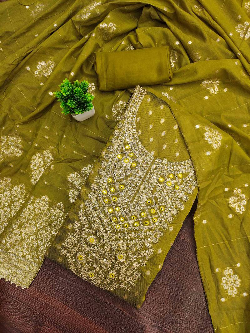Sea green silk embroidered unstitched dressmaterials 3 pair top bottom dupptaa
