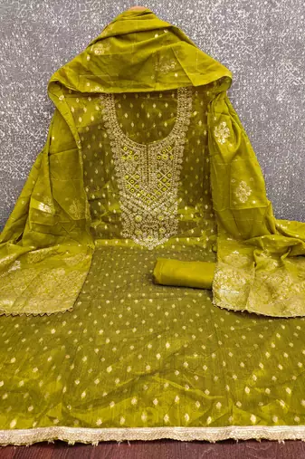 Sea green silk embroidered unstitched dressmaterials 3 pair top bottom dupptaa