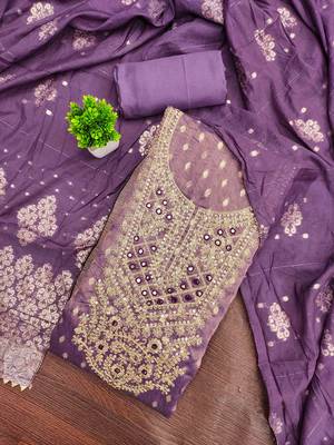 Purple silk embroidered unstitched dressmaterials 3 pair top bottom dupptaa 1