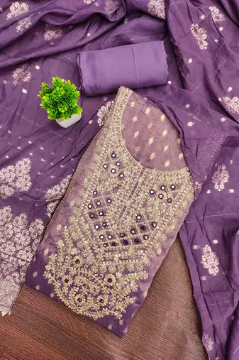 Purple silk embroidered unstitched dressmaterials 3 pair top bottom dupptaa