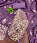 Purple silk embroidered unstitched dressmaterials 3 pair top bottom dupptaa