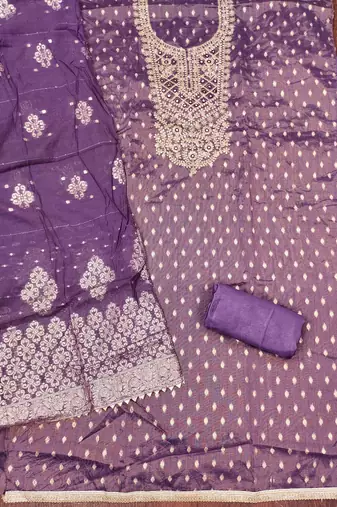Purple silk embroidered unstitched dressmaterials 3 pair top bottom dupptaa
