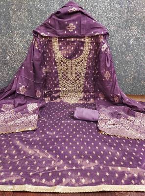 Purple silk embroidered unstitched dressmaterials 3 pair top bottom dupptaa 4