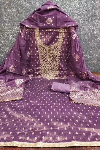 Purple silk embroidered unstitched dressmaterials 3 pair top bottom dupptaa
