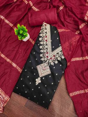 Black silk embroidered unstitched dressmaterials 3 pair top bottom dupptaa 1