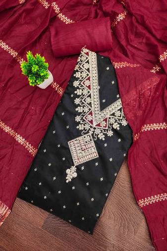 Black silk embroidered unstitched dressmaterials 3 pair top bottom dupptaa