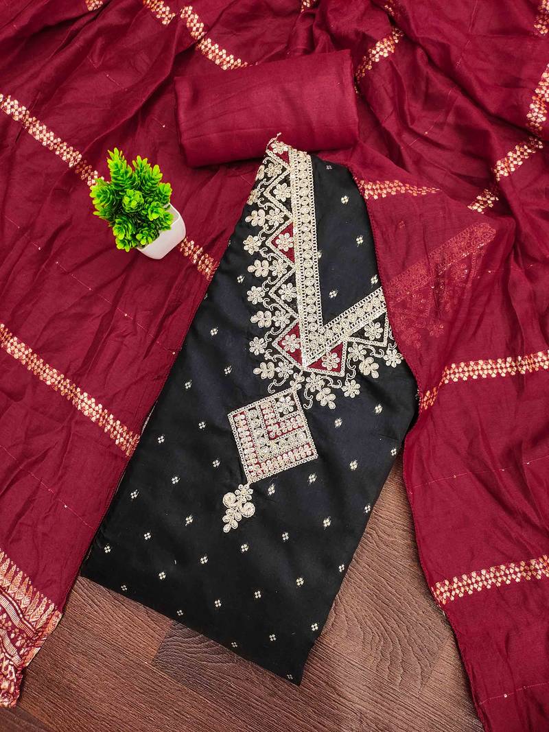 Black silk embroidered unstitched dressmaterials 3 pair top bottom dupptaa