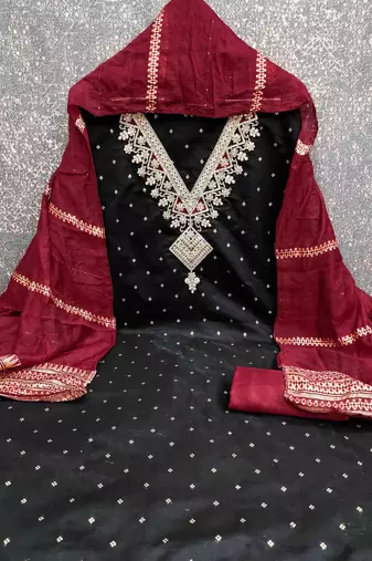 Black silk embroidered unstitched dressmaterials 3 pair top bottom dupptaa