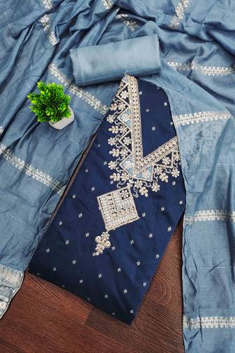 Blue silk embroidered unstitched dressmaterials 3 pair top bottom dupptaa