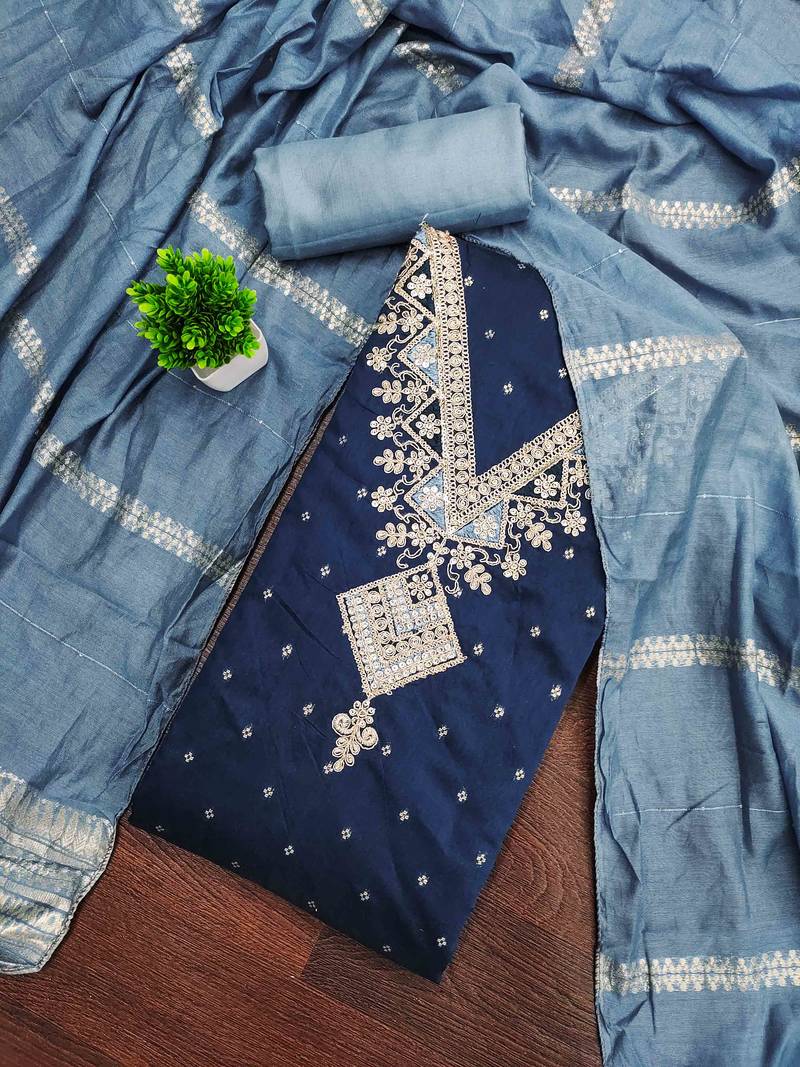 Blue silk embroidered unstitched dressmaterials 3 pair top bottom dupptaa
