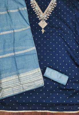 Blue silk embroidered unstitched dressmaterials 3 pair top bottom dupptaa 2