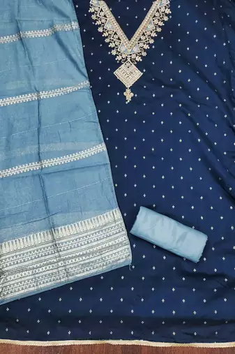 Blue silk embroidered unstitched dressmaterials 3 pair top bottom dupptaa