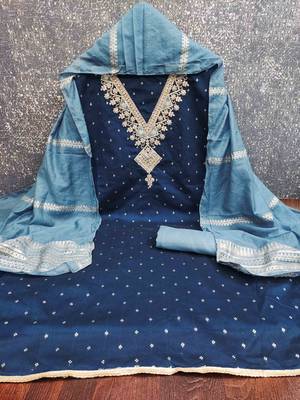 Blue silk embroidered unstitched dressmaterials 3 pair top bottom dupptaa 4