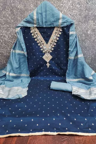 Blue silk embroidered unstitched dressmaterials 3 pair top bottom dupptaa
