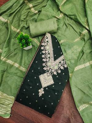 Green silk embroidered unstitched dressmaterials 3 pair top bottom dupptaa 1