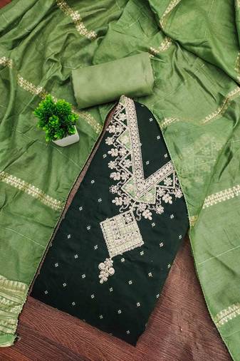 Green silk embroidered unstitched dressmaterials 3 pair top bottom dupptaa