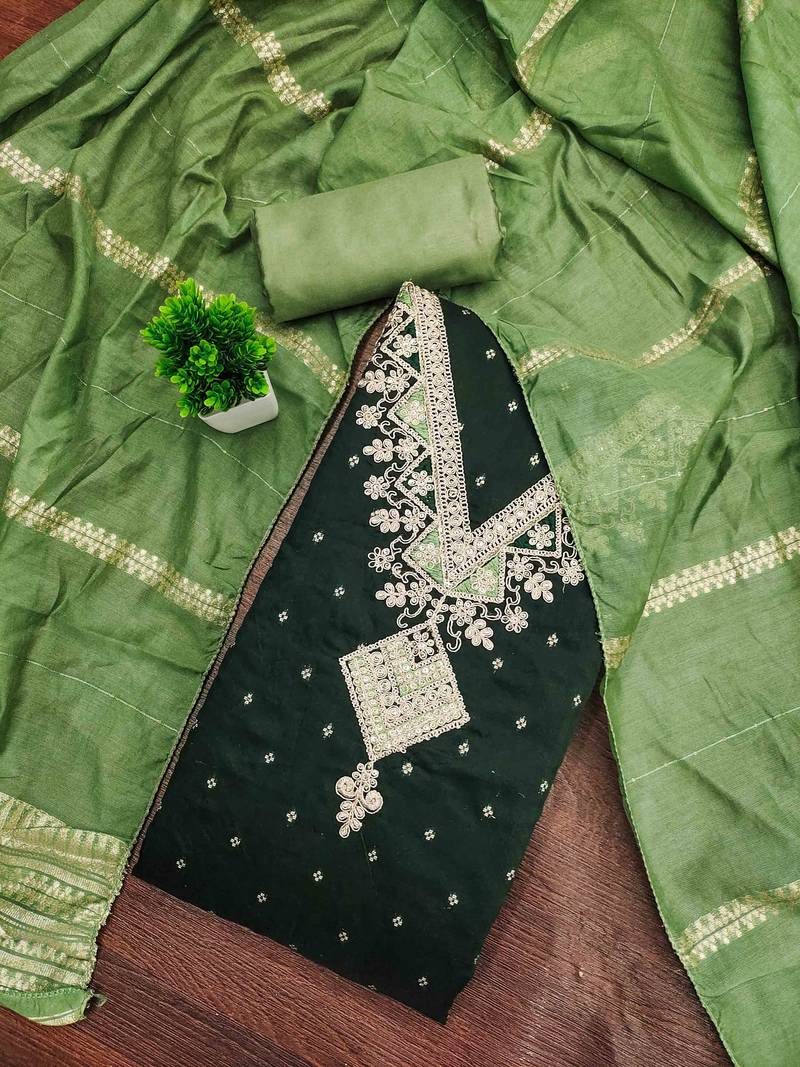 Green silk embroidered unstitched dressmaterials 3 pair top bottom dupptaa