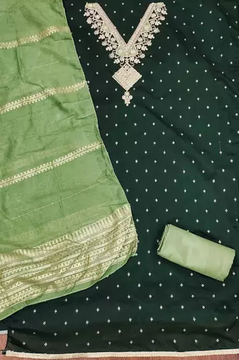 Green silk embroidered unstitched dressmaterials 3 pair top bottom dupptaa