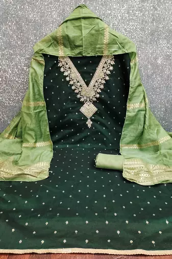 Green silk embroidered unstitched dressmaterials 3 pair top bottom dupptaa