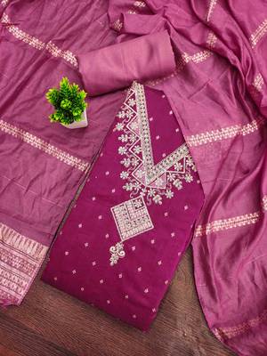 Pink silk embroidered unstitched dressmaterials 3 pair top bottom dupptaa 1