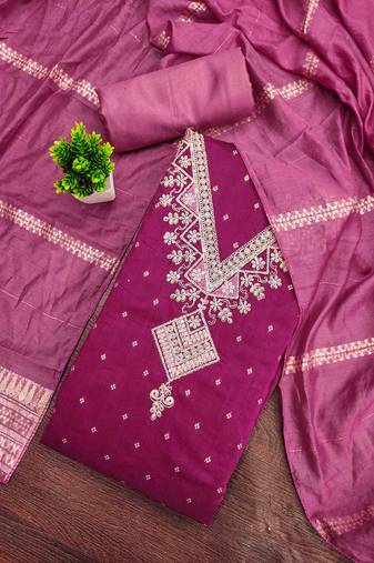 Pink silk embroidered unstitched dressmaterials 3 pair top bottom dupptaa
