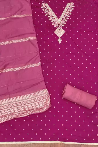 Pink silk embroidered unstitched dressmaterials 3 pair top bottom dupptaa