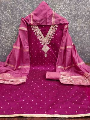 Pink silk embroidered unstitched dressmaterials 3 pair top bottom dupptaa 4