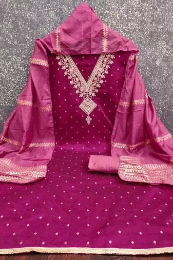 Pink silk embroidered unstitched dressmaterials 3 pair top bottom dupptaa