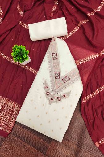 maroon silk blend embroidered unstitched dressmaterials 3 pair top bottom dupptaa