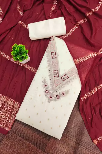 Maroon silk embroidered unstitched dressmaterials 3 pair top bottom dupptaa