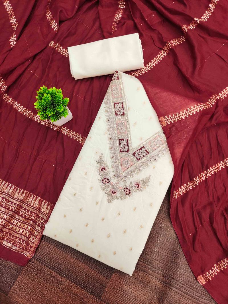 Maroon silk embroidered unstitched dressmaterials 3 pair top bottom dupptaa