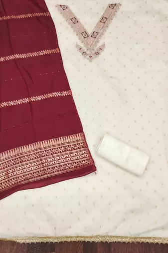 Maroon silk embroidered unstitched dressmaterials 3 pair top bottom dupptaa