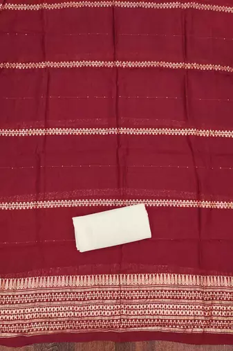 Maroon silk embroidered unstitched dressmaterials 3 pair top bottom dupptaa