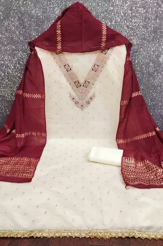 Maroon silk embroidered unstitched dressmaterials 3 pair top bottom dupptaa