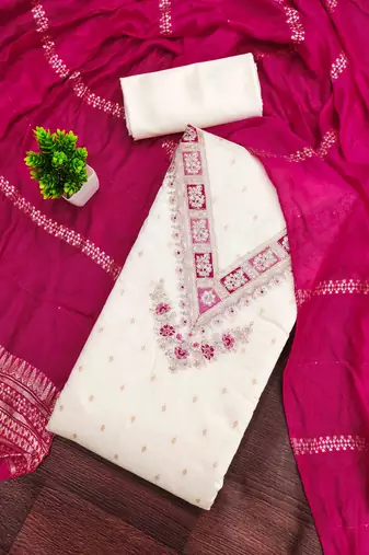 Pink silk embroidered unstitched dressmaterials 3 pair top bottom dupptaa
