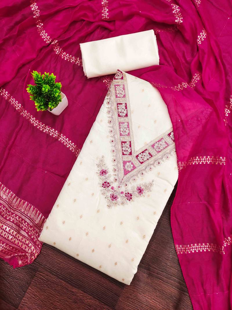 Pink silk embroidered unstitched dressmaterials 3 pair top bottom dupptaa