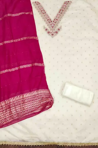 Pink silk embroidered unstitched dressmaterials 3 pair top bottom dupptaa