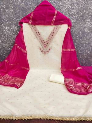 Pink silk embroidered unstitched dressmaterials 3 pair top bottom dupptaa 4
