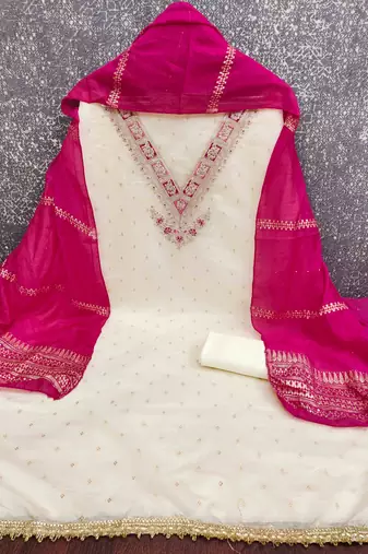 Pink silk embroidered unstitched dressmaterials 3 pair top bottom dupptaa