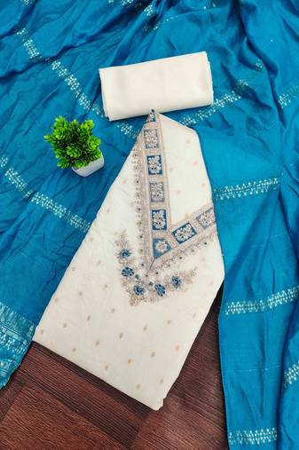 indigo silk blend embroidered unstitched dressmaterials 3 pair top bottom dupptaa