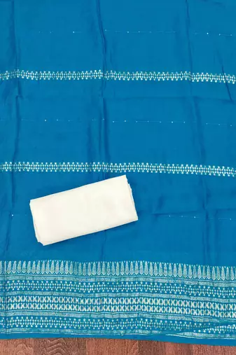 Indigo silk embroidered unstitched dressmaterials 3 pair top bottom dupptaa