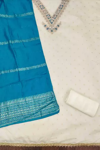 Indigo silk embroidered unstitched dressmaterials 3 pair top bottom dupptaa