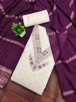 Wine silk embroidered unstitched dressmaterials 3 pair top bottom dupptaa 1