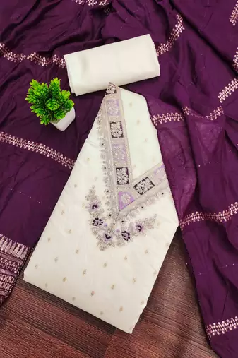Wine silk embroidered unstitched dressmaterials 3 pair top bottom dupptaa