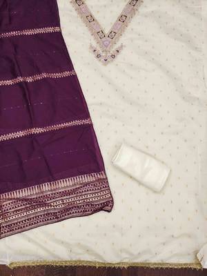 Wine silk embroidered unstitched dressmaterials 3 pair top bottom dupptaa 3